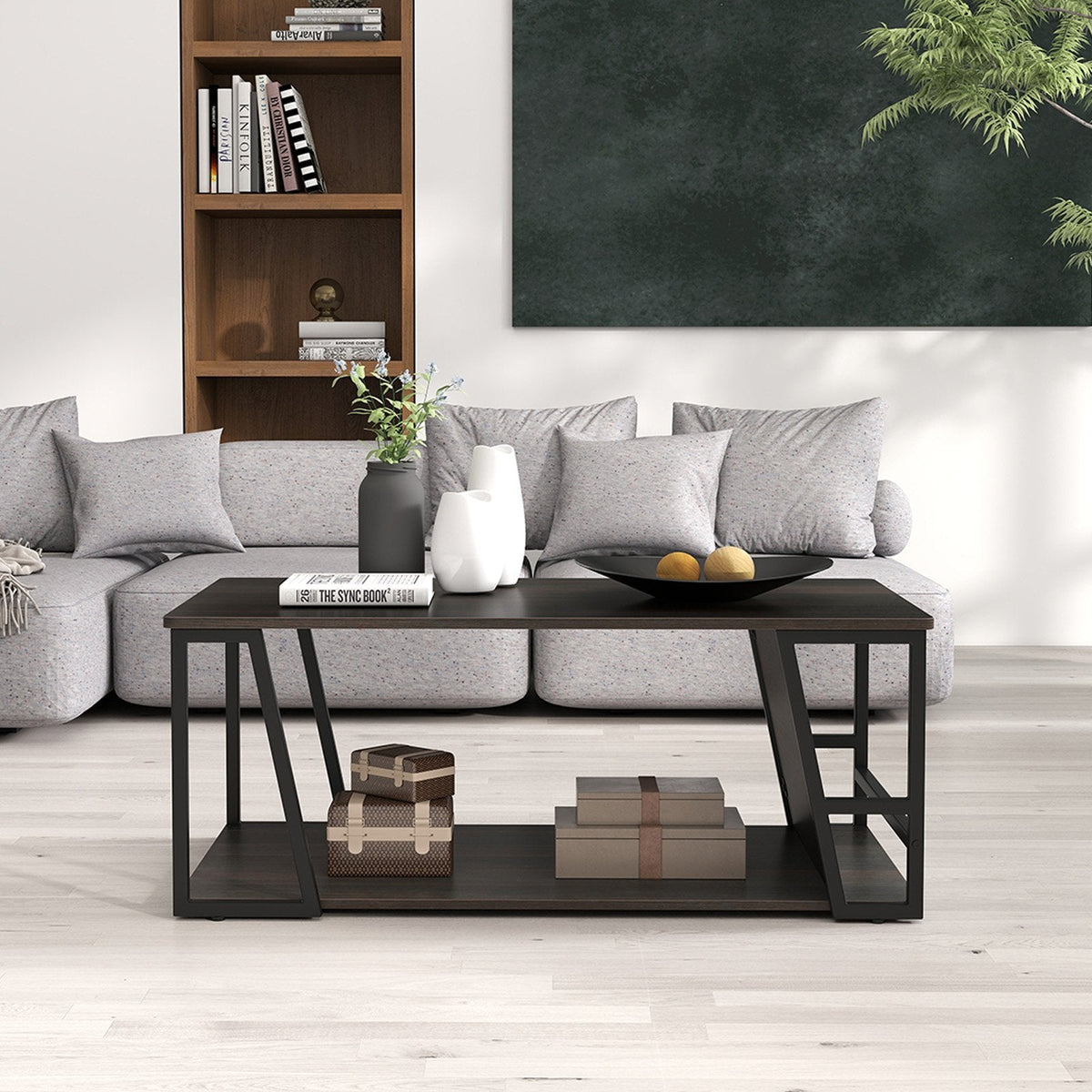 Rectangle Coffee Table 2-tier Industrial Accent Table with Storage Shelf and Compartment-Brown