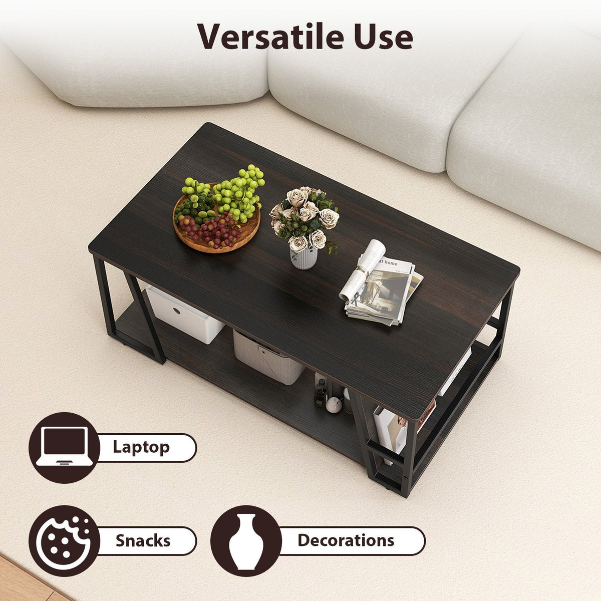 Rectangle Coffee Table 2-tier Industrial Accent Table with Storage Shelf and Compartment-Brown
