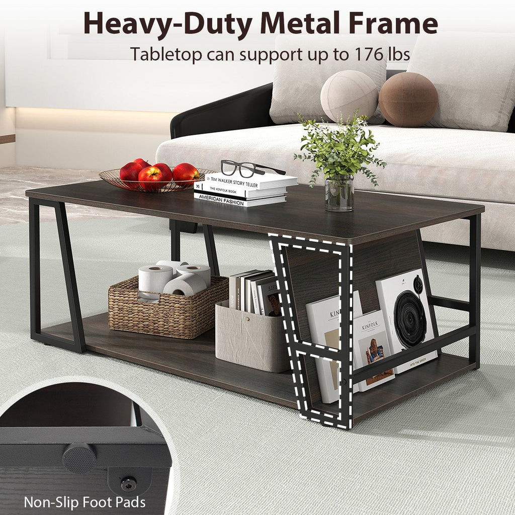 Rectangle Coffee Table 2-tier Industrial Accent Table with Storage Shelf and Compartment-Brown