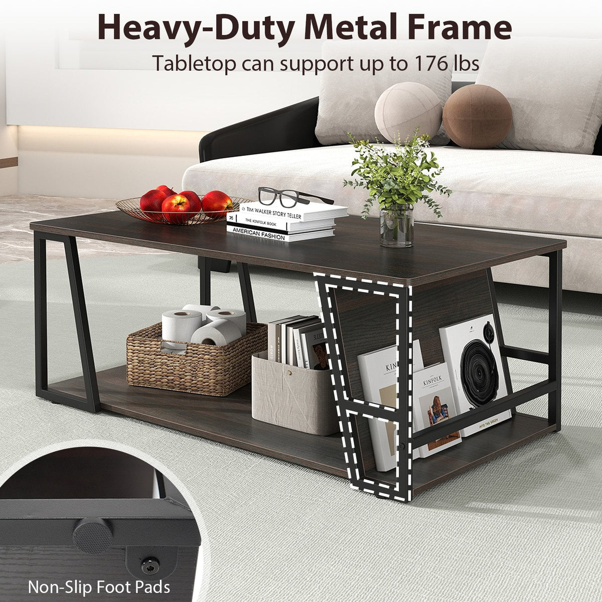 Rectangle Coffee Table 2-tier Industrial Accent Table with Storage Shelf and Compartment-Brown