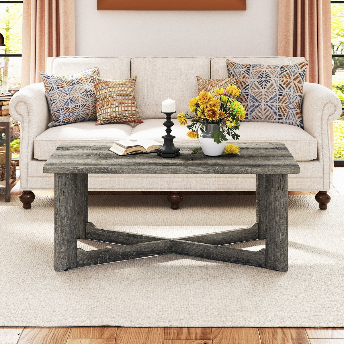 Rectangle Coffee Table Rubber Wood with X-Shaped Base-Gray