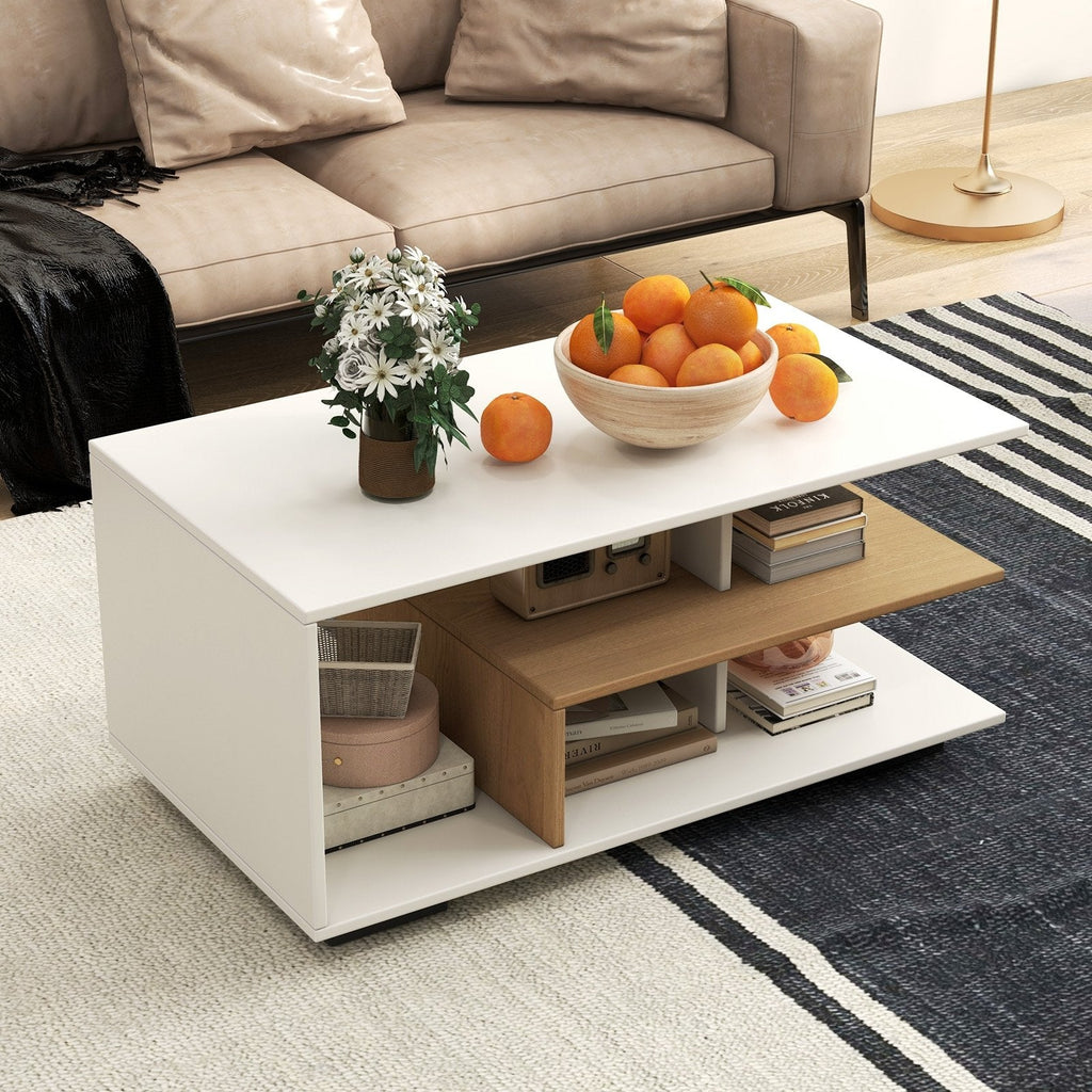 Rectangular 3-Tier Coffee Table with L-Shaped Middle Shelf, White