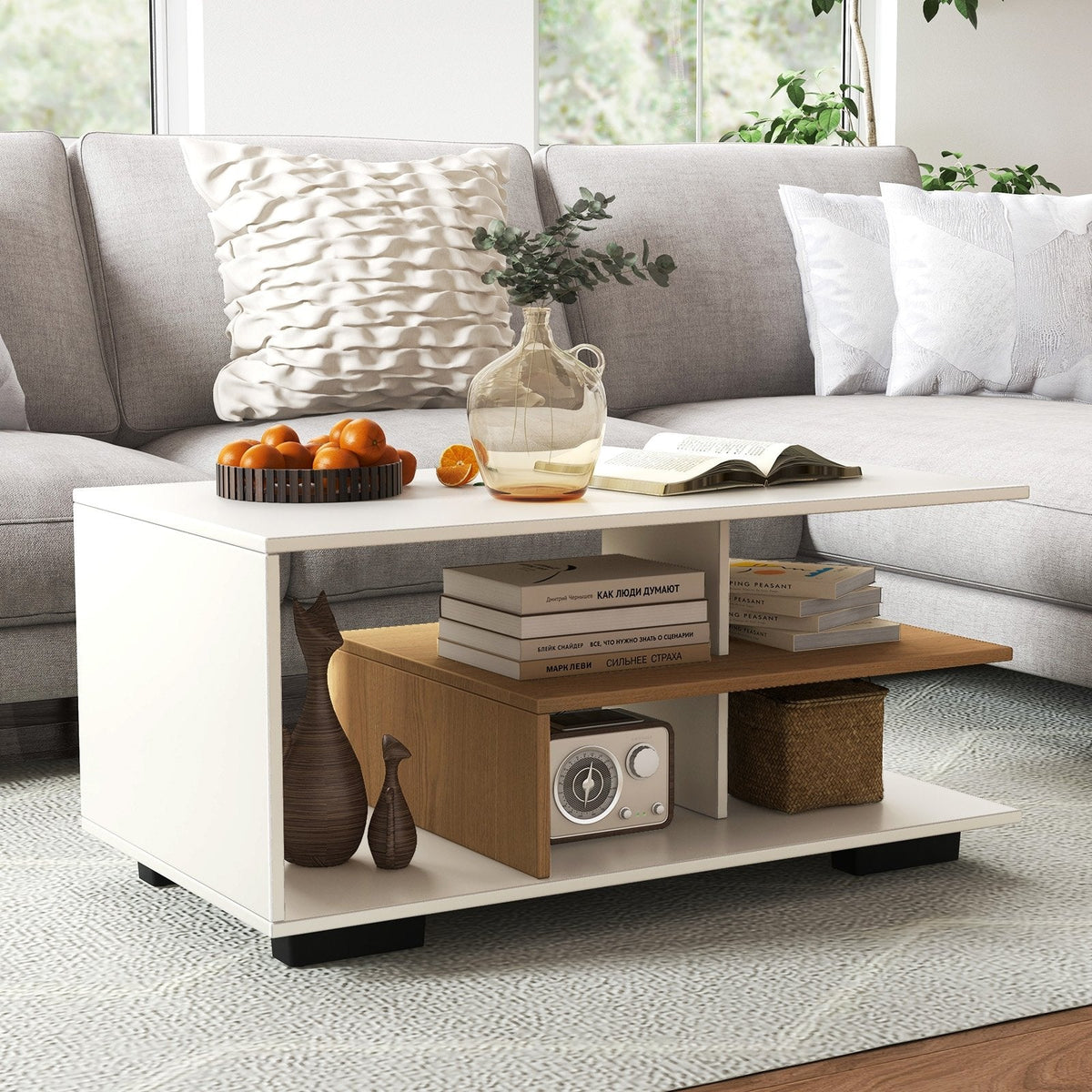 Rectangular 3-Tier Coffee Table with L-Shaped Middle Shelf, White