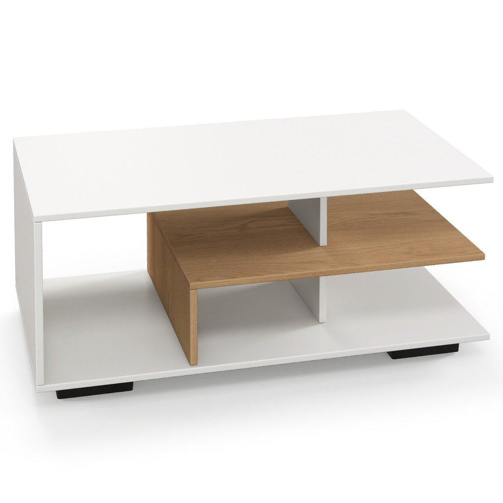 Rectangular 3-Tier Coffee Table with L-Shaped Middle Shelf, White