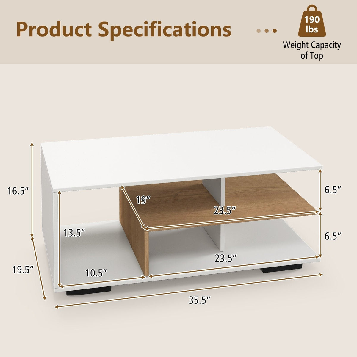 Rectangular 3-Tier Coffee Table with L-Shaped Middle Shelf, White