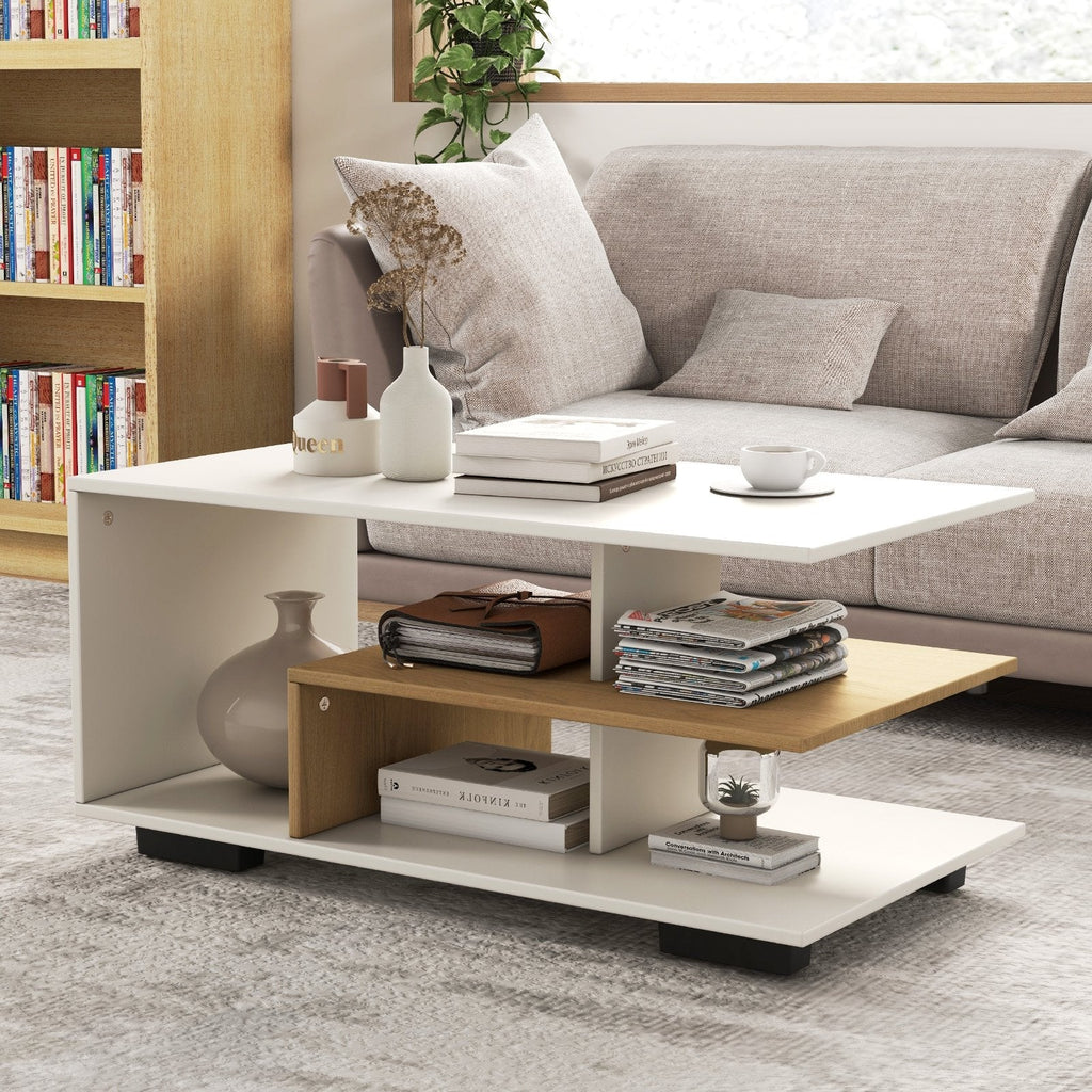 Rectangular 3-Tier Coffee Table with L-Shaped Middle Shelf, White