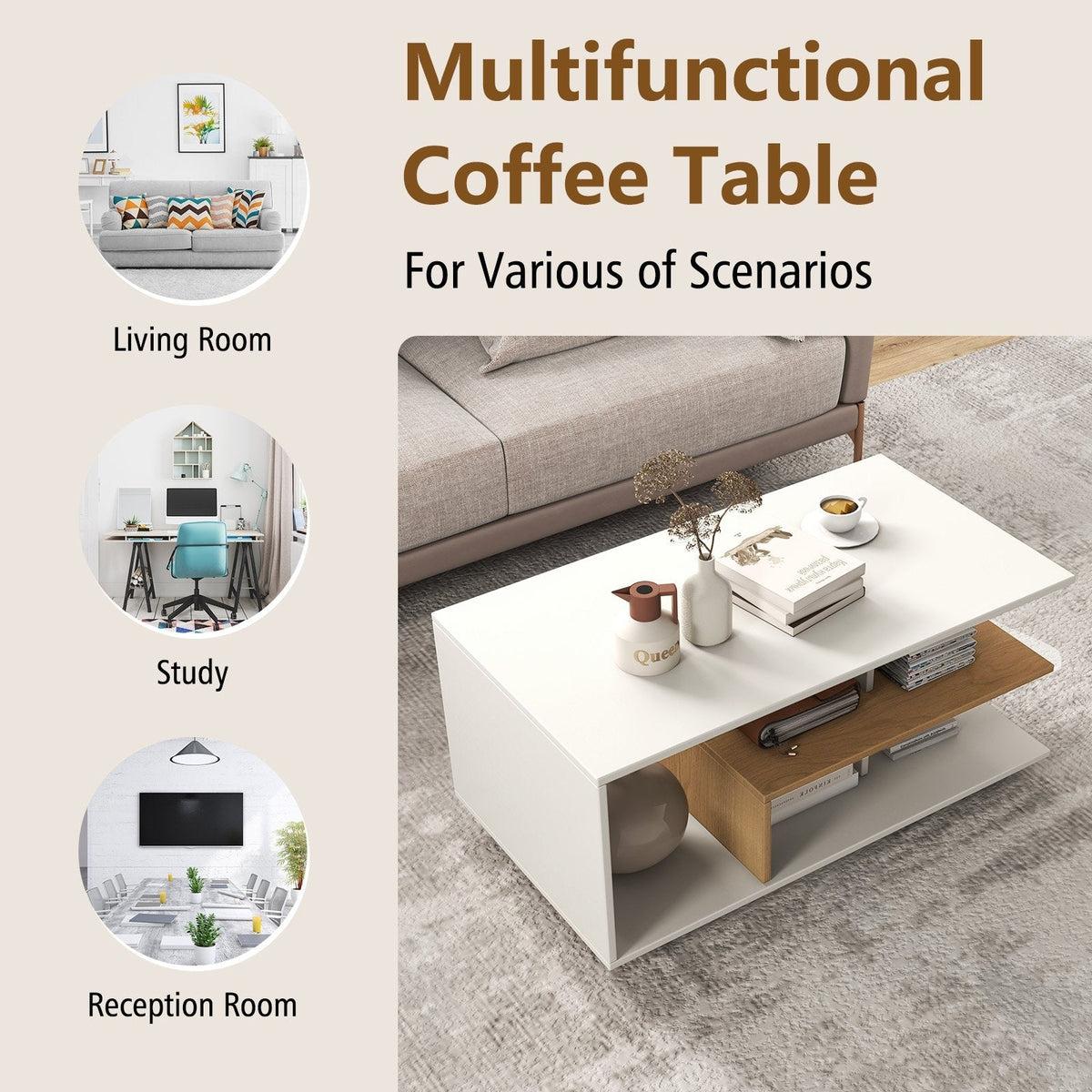Rectangular 3-Tier Coffee Table with L-Shaped Middle Shelf, White