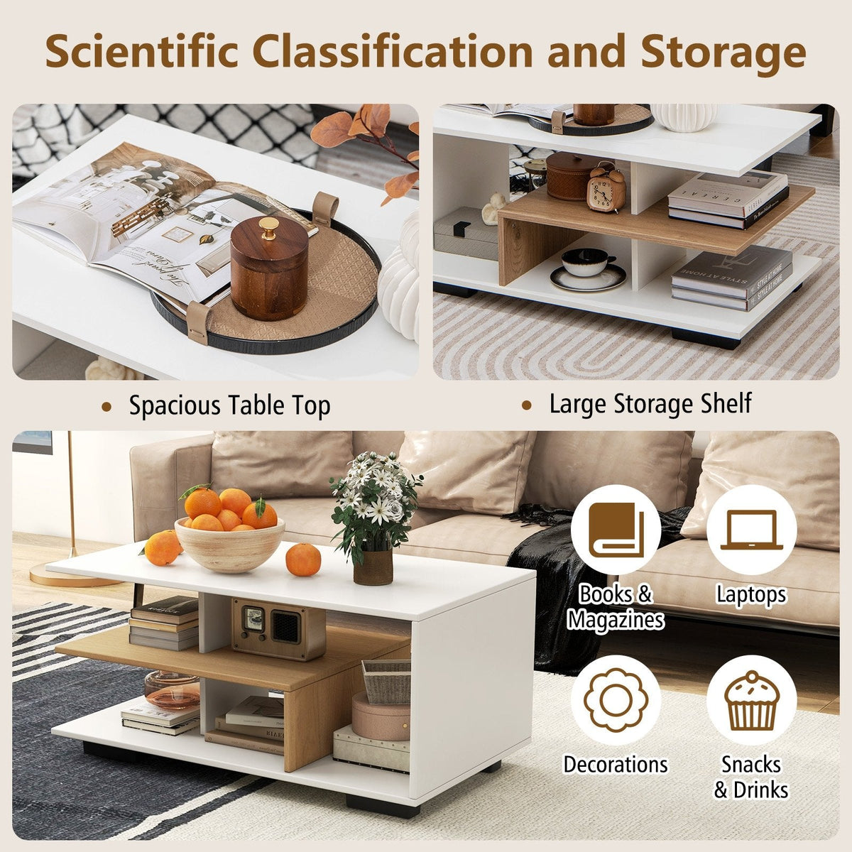 Rectangular 3-Tier Coffee Table with L-Shaped Middle Shelf, White