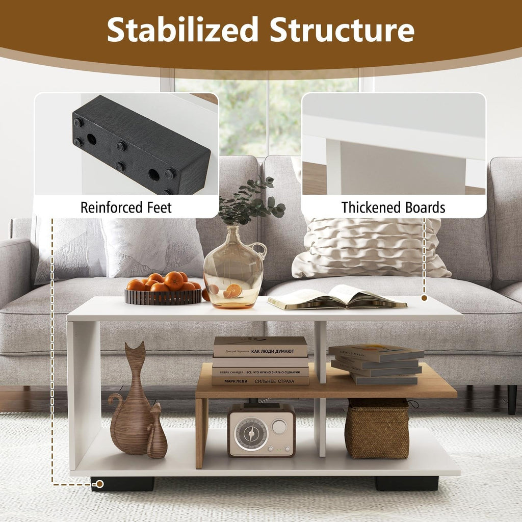 Rectangular 3-Tier Coffee Table with L-Shaped Middle Shelf, White