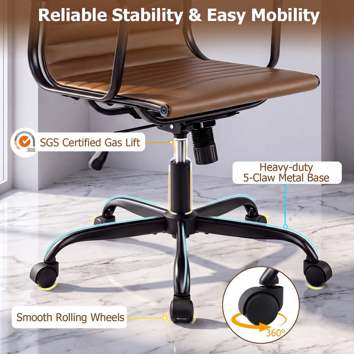 Ribbed Office Chair High Back PU Leather for Home Office with Adjustable Height-Brown