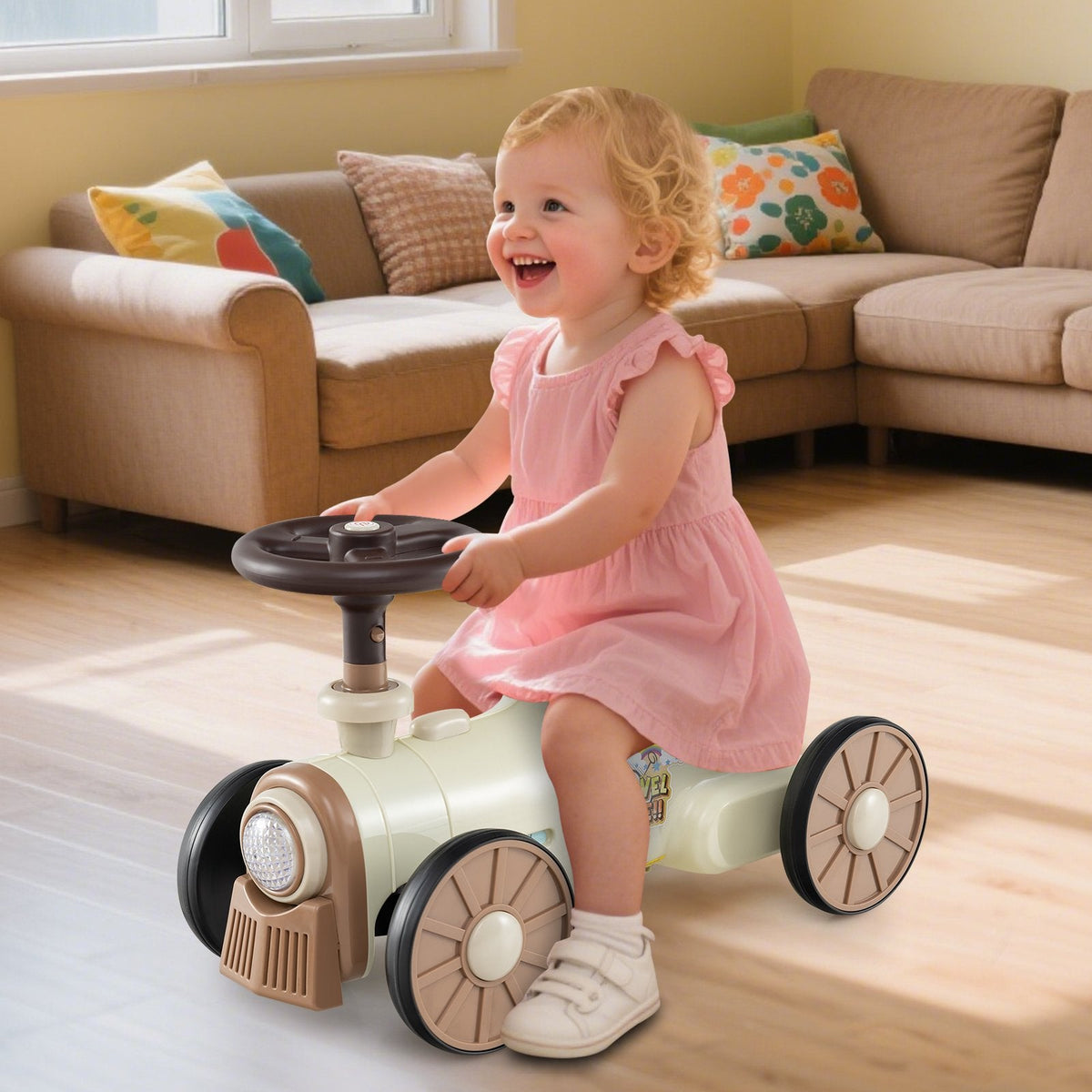 Ride on Toy with Steering Wheel and Train Whistle Sound Button-Beige