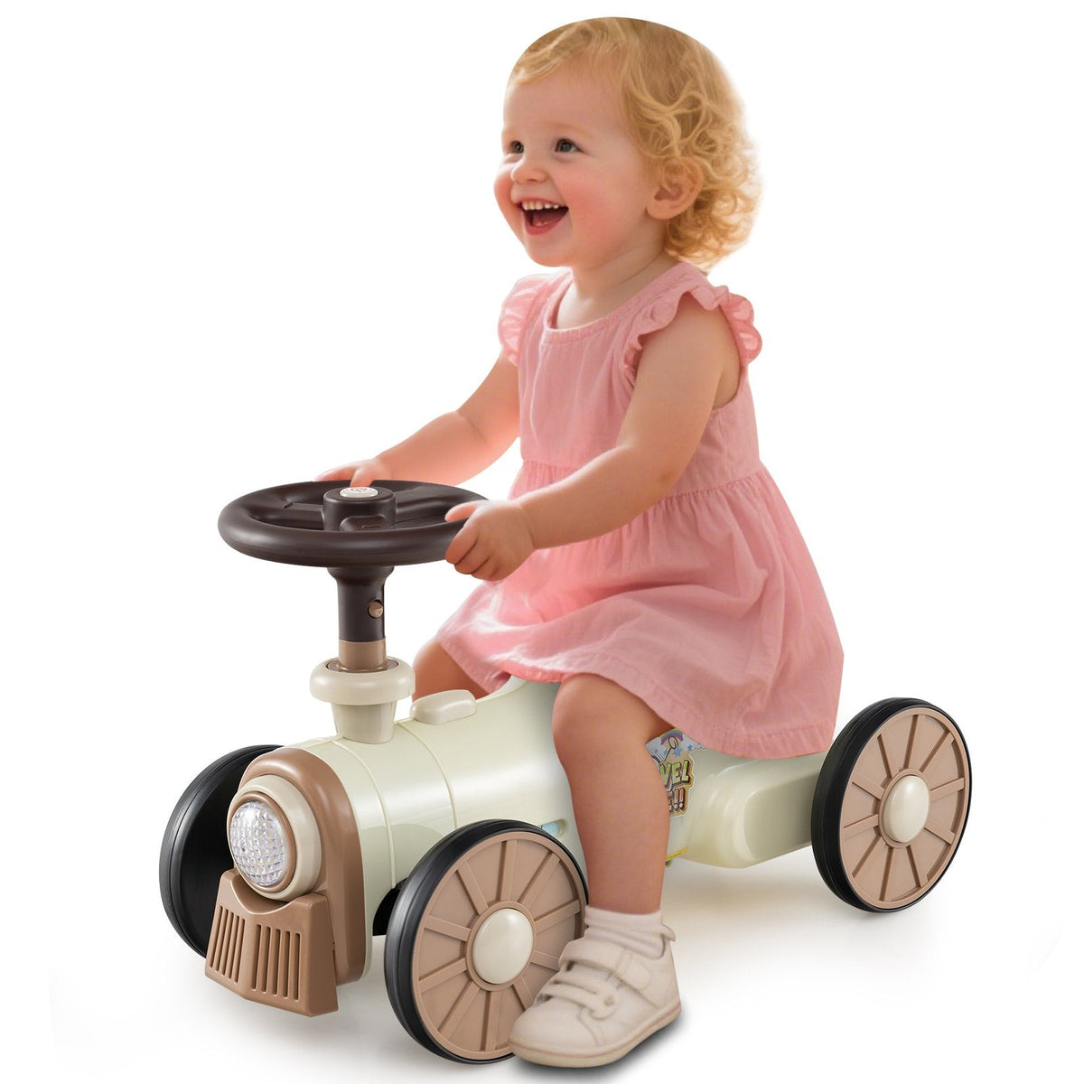 Ride on Toy with Steering Wheel and Train Whistle Sound Button-Beige