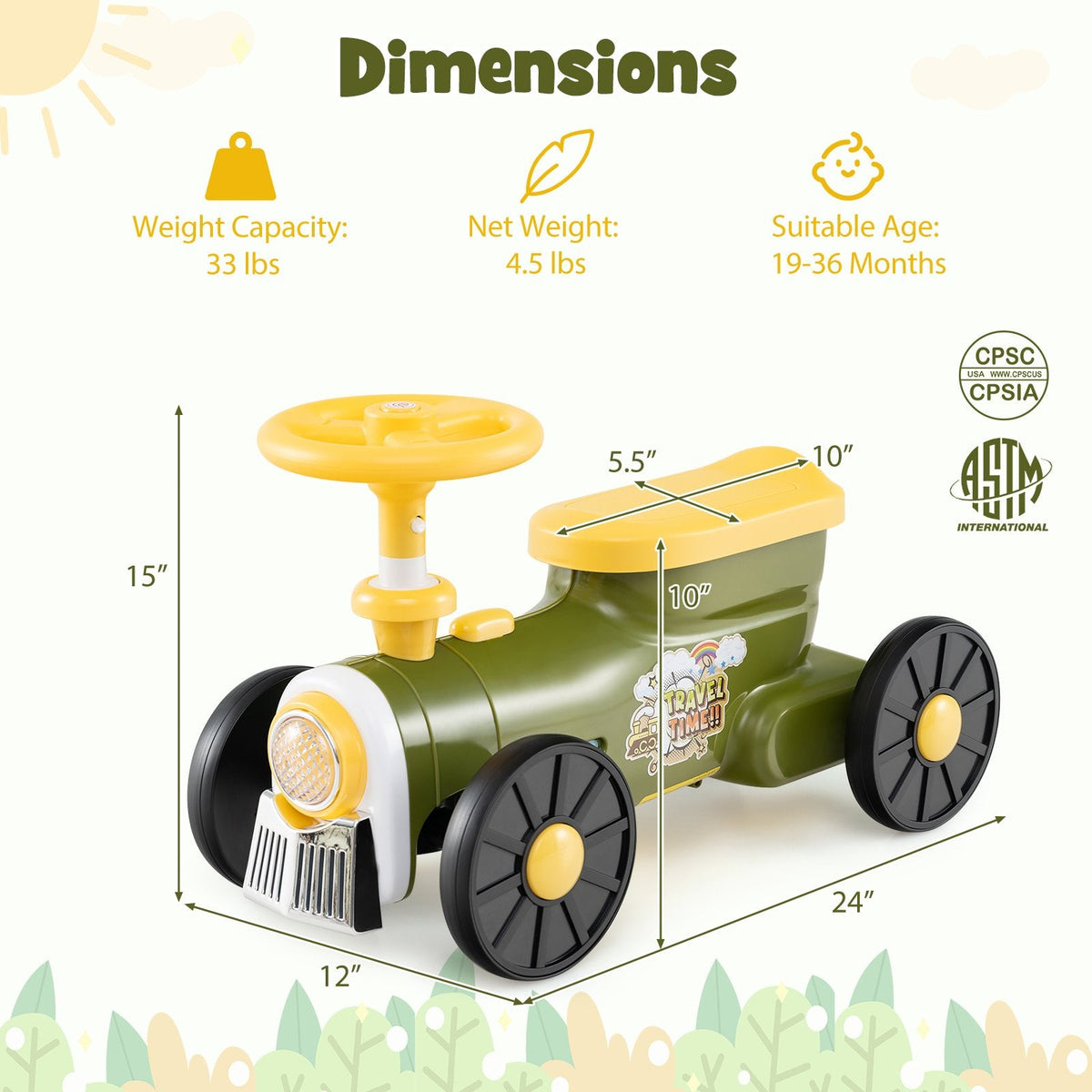 Ride on Toy with Steering Wheel and Train Whistle Sound Button-Green