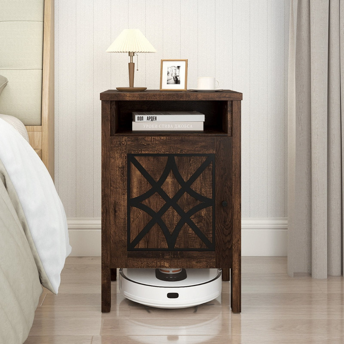 Robot Vacuum Storage Cabinet with Door and Open Shelf for Living Room Bedroom-Brown