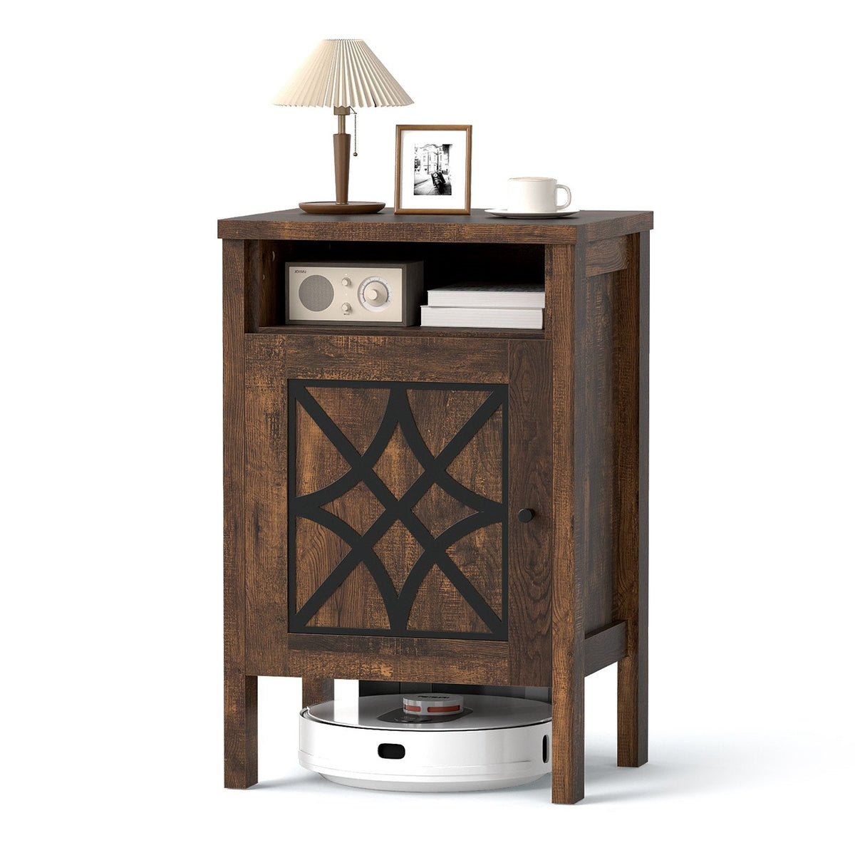Robot Vacuum Storage Cabinet with Door and Open Shelf for Living Room Bedroom-Brown