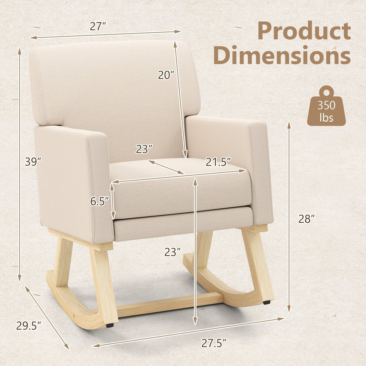 Upholstered Rocking Chair with and Solid Wood Base-Beige