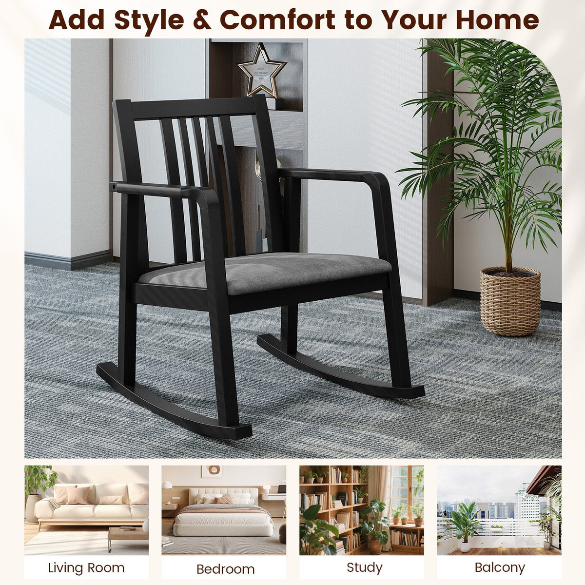 Rocking Chair with Slatted Back and Curved Armrests-Black