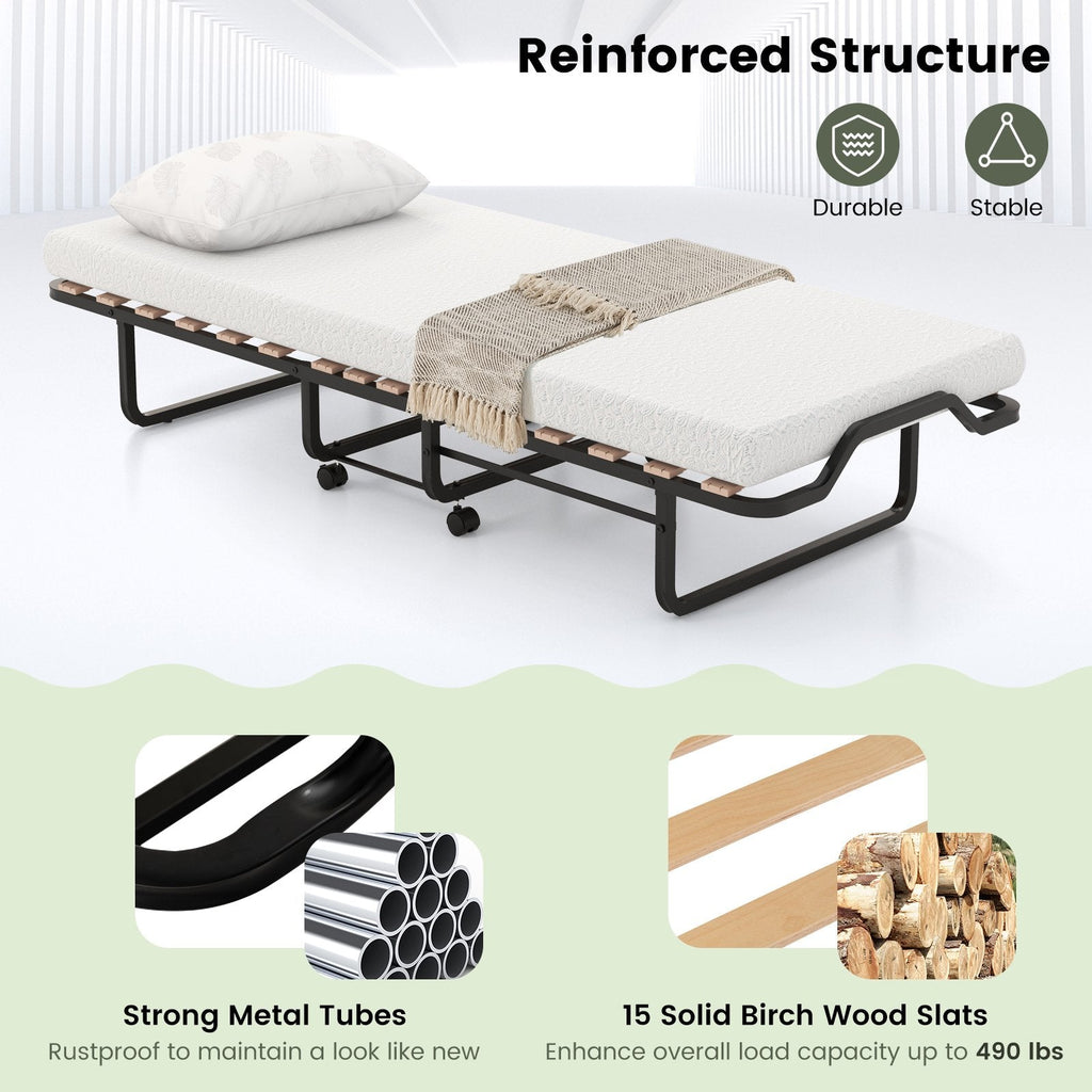 Rollaway Folding Bed with Memory Foam Mattress Made in Italy