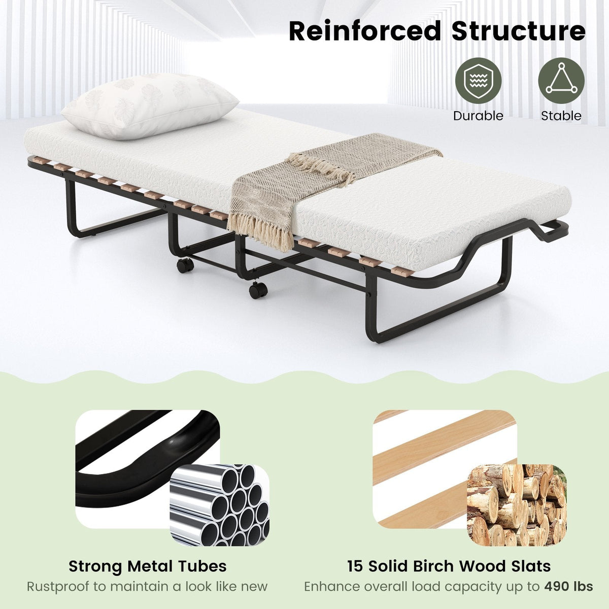 Rollaway Folding Bed with Memory Foam Mattress Made in Italy