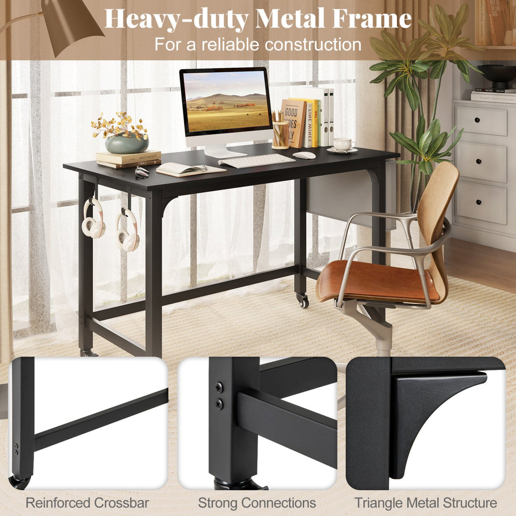 Rolling Computer Desk with Headphone Hooks and Lockable Wheels for Home Office-Black