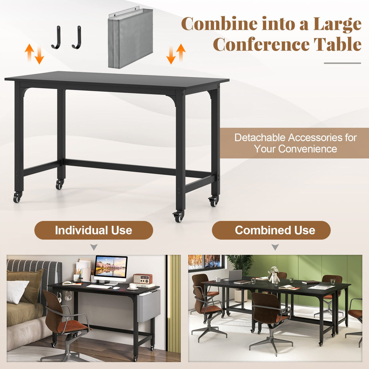 Rolling Computer Desk with Headphone Hooks and Lockable Wheels for Home Office-Black