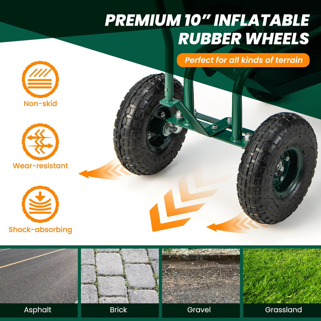 Rolling Garden Cart with Height Adjustable Swivel Seat and Storage Basket-Green