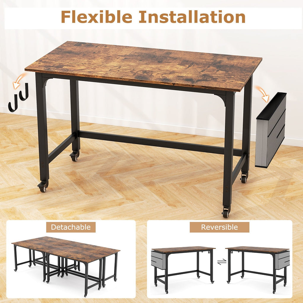 Rolling Home Office Computer Desk with Detachable Fabric Bag-Rustic Brown