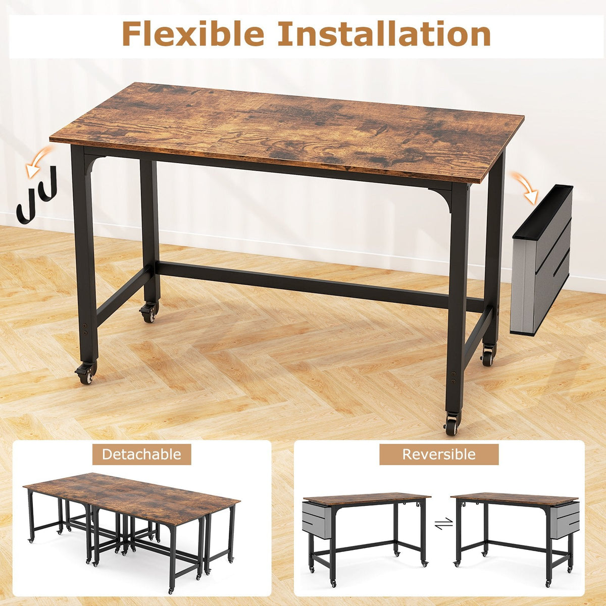 Rolling Home Office Computer Desk with Detachable Fabric Bag-Rustic Brown