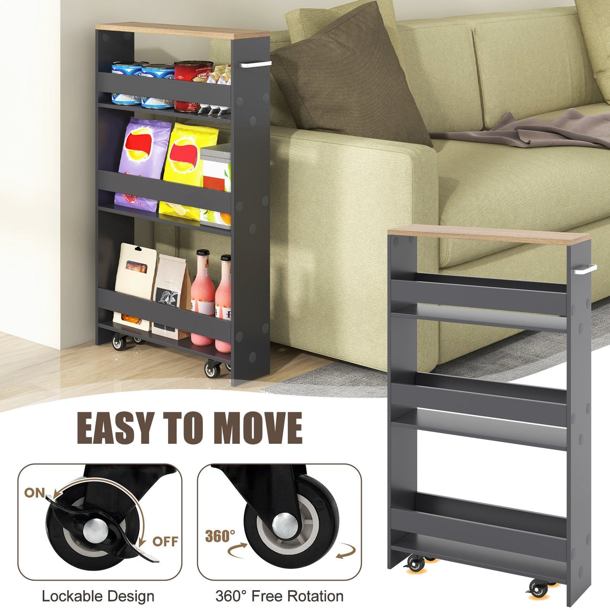 Rolling Kitchen Slim Storage Cart Mobile Shelving Organizer with Handle-Gray