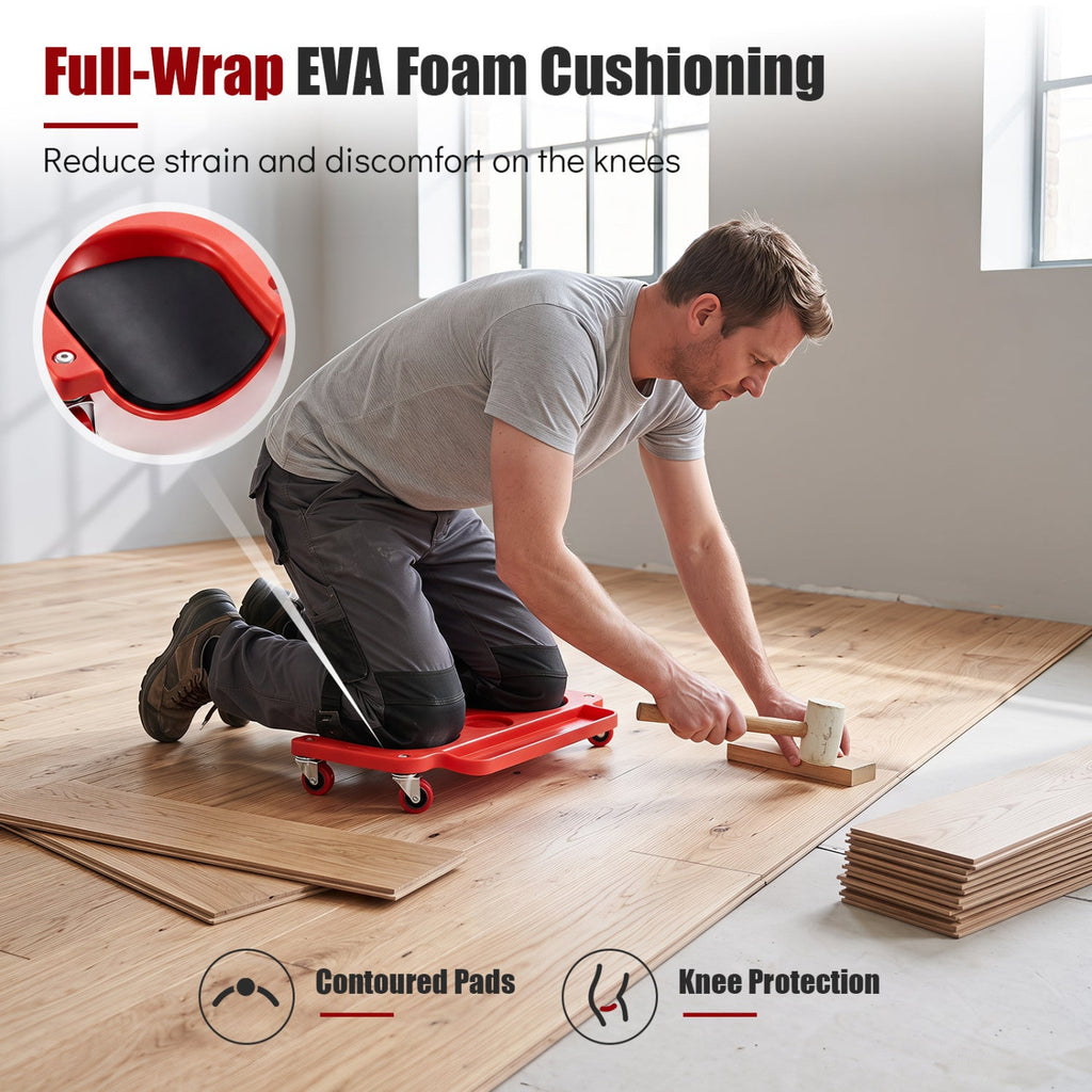 Rolling Knee Creeper with 360° Swivel Casters Lightweight Kneeling Pads-Red