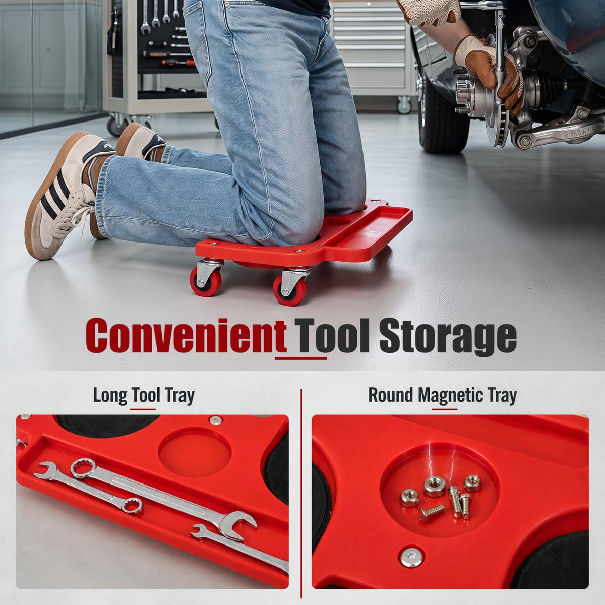 Rolling Knee Creeper with 360° Swivel Casters Lightweight Kneeling Pads-Red