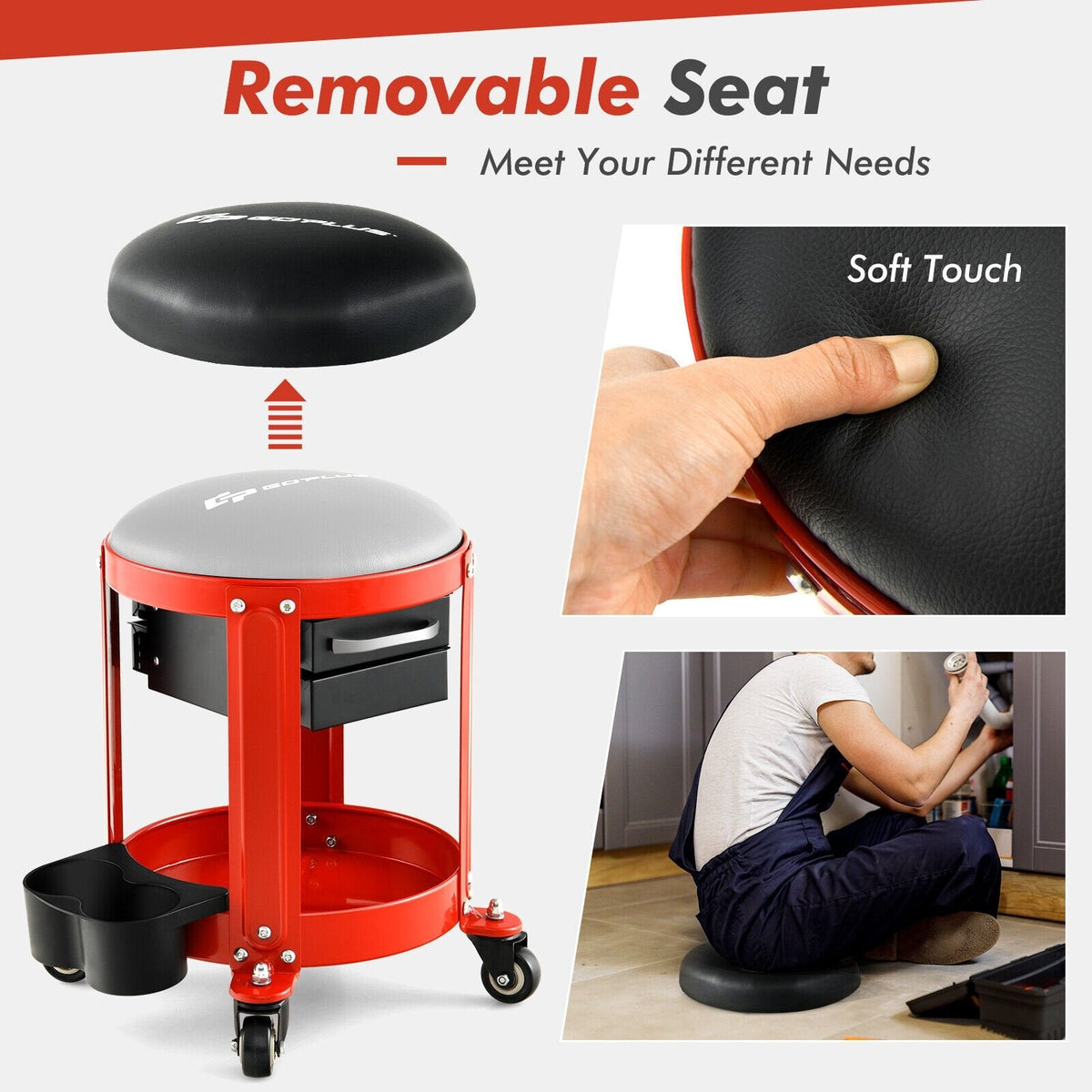 Rolling Mechanic Stool with Removable Padded Seat and Drawers