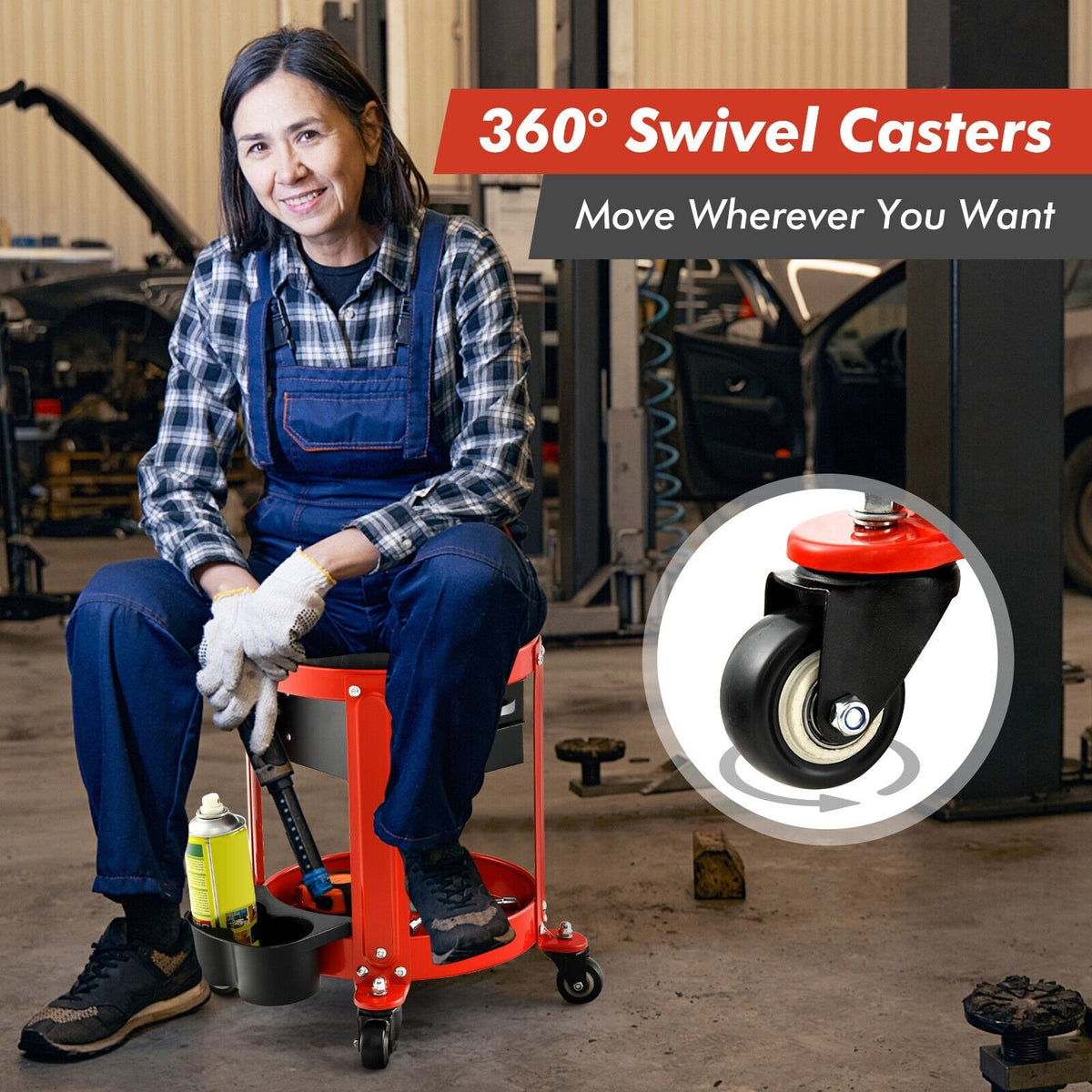 Rolling Mechanic Stool with Removable Padded Seat and Drawers