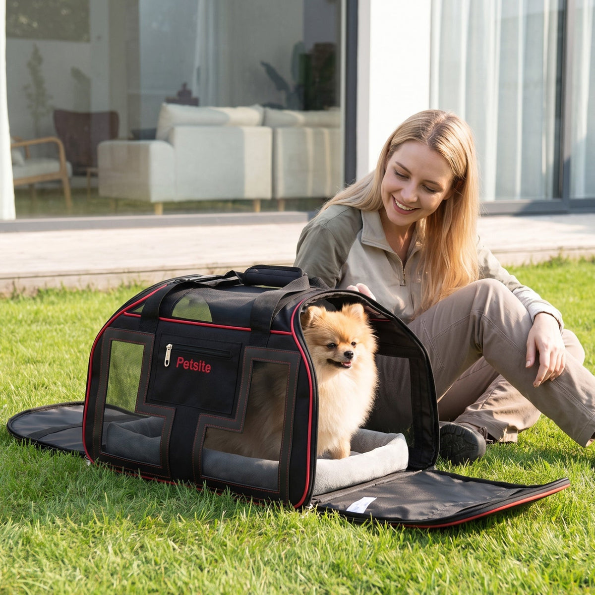 Rolling Pet Carrier with Wheels & Telescopic Handle and Mesh Windows for Pets-Red