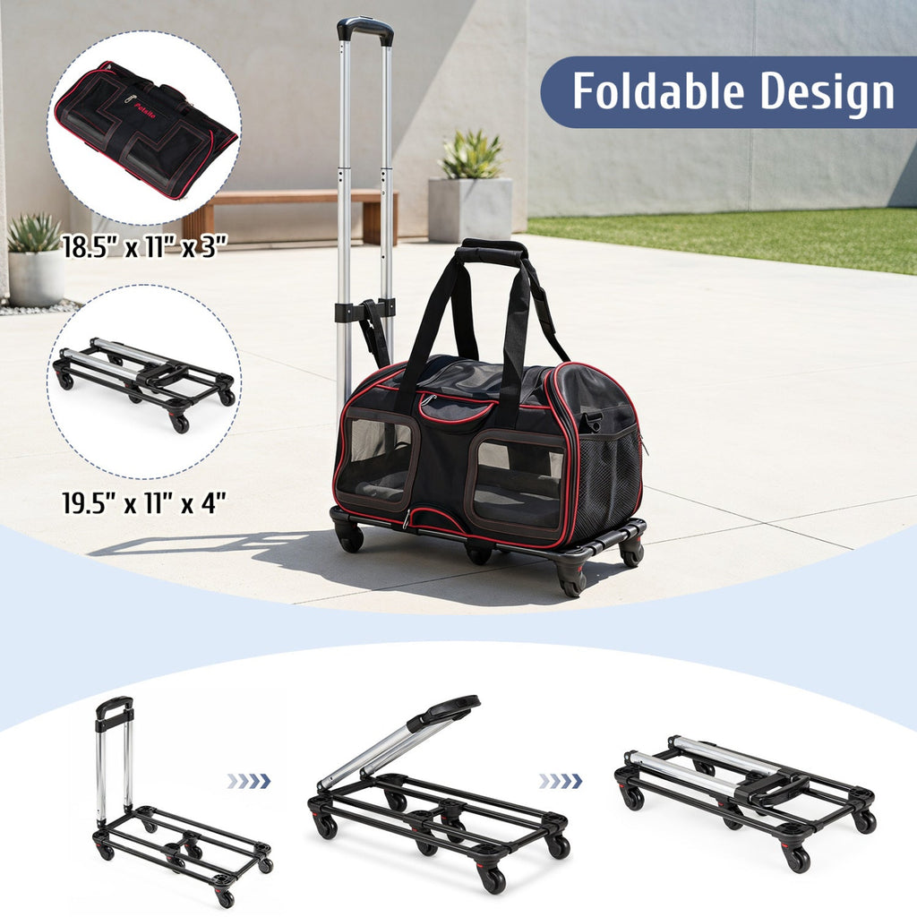 Rolling Pet Carrier with Wheels & Telescopic Handle and Mesh Windows for Pets-Red