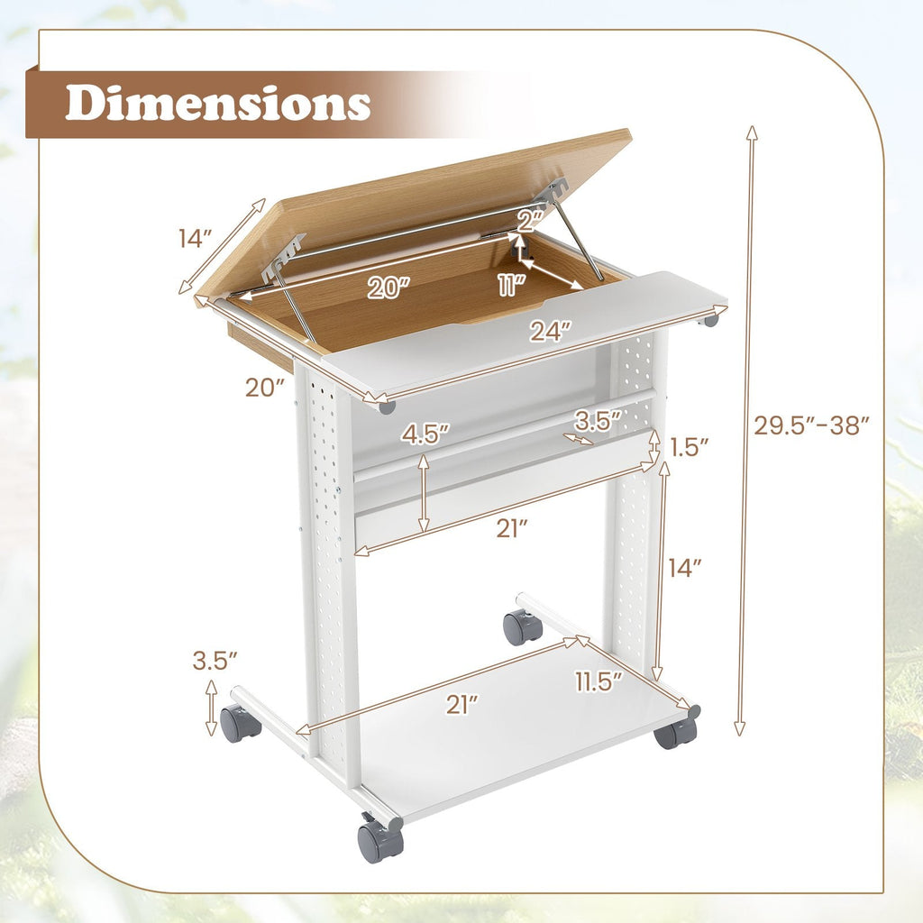Rolling Portable Desk Laptop Desk with Tilting Tabletop Hidden Compartment-Natural