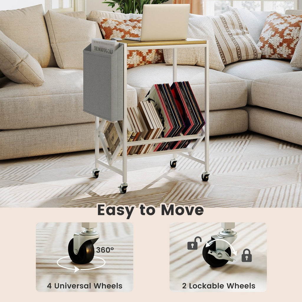 Rolling Record Player Stand 2-Tier with Vinyl Storage and Magazine Holder Bag-Natural