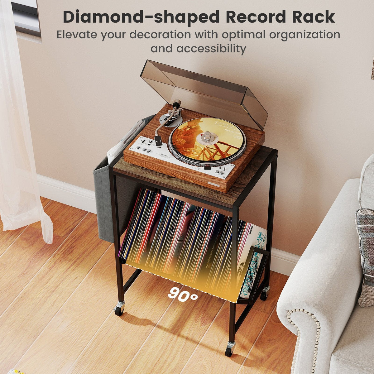 Rolling Record Player Stand 2-Tier with Vinyl Storage and Magazine Holder Bag-Rustic Brown