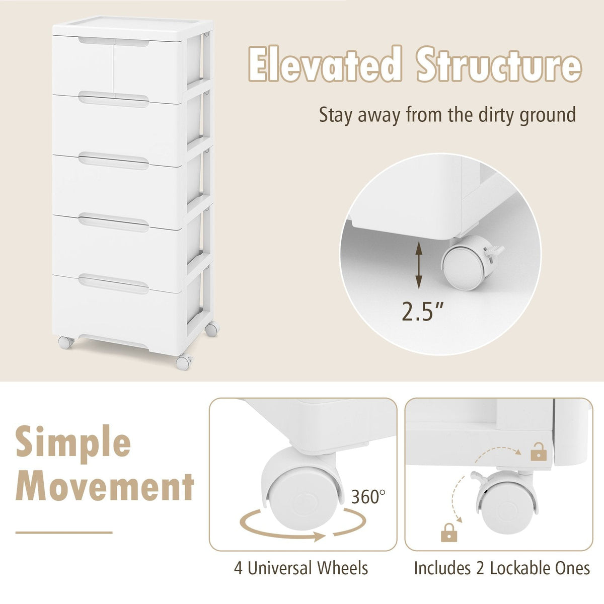 Rolling Storage Cabinet with Universal Wheels and 5/6/7 Drawers-6-Drawer
