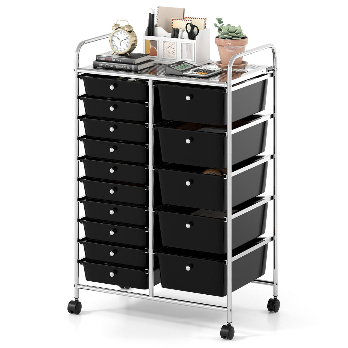 Rolling Storage Cart 15-Drawer Trolley with Chrome Plated Metal Frame-Black