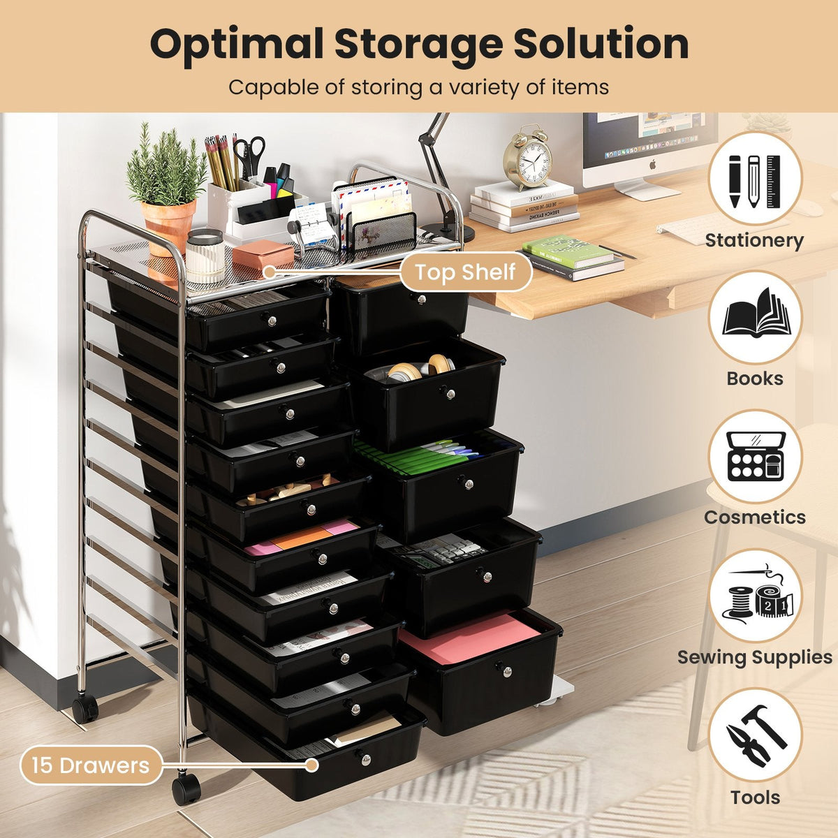 Rolling Storage Cart 15-Drawer Trolley with Chrome Plated Metal Frame-Black