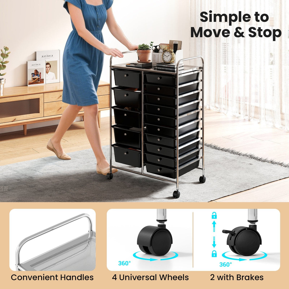 Rolling Storage Cart 15-Drawer Trolley with Chrome Plated Metal Frame-Black