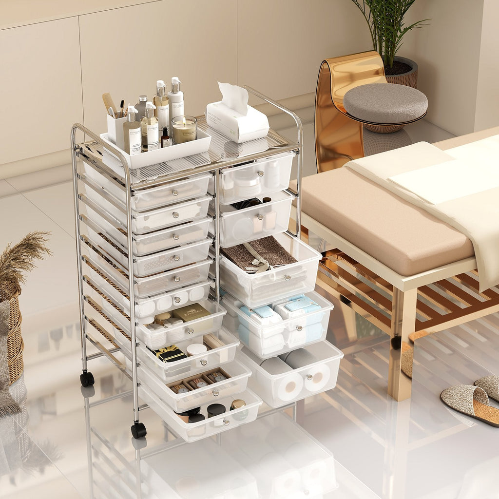 Rolling Storage Cart 15-Drawer Trolley with Chrome Plated Metal Frame-Transparent