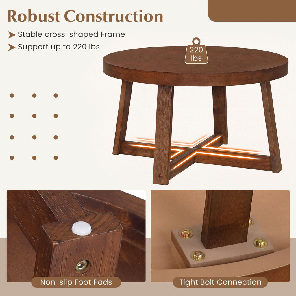 Round Coffee Table for Living Room 30 inch Farmhouse Accent Table with Study Rubber Wood Legs-Walnut