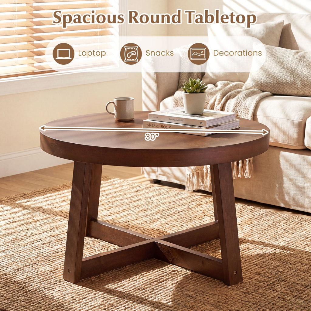 Round Coffee Table for Living Room 30 inch Farmhouse Accent Table with Study Rubber Wood Legs-Walnut