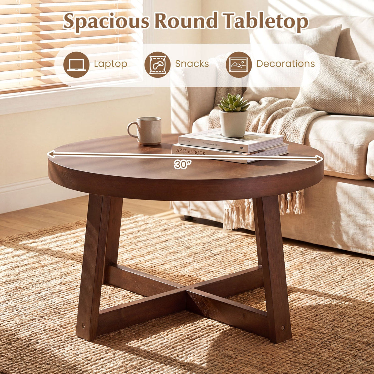 Round Coffee Table for Living Room 30 inch Farmhouse Accent Table with Study Rubber Wood Legs-Walnut