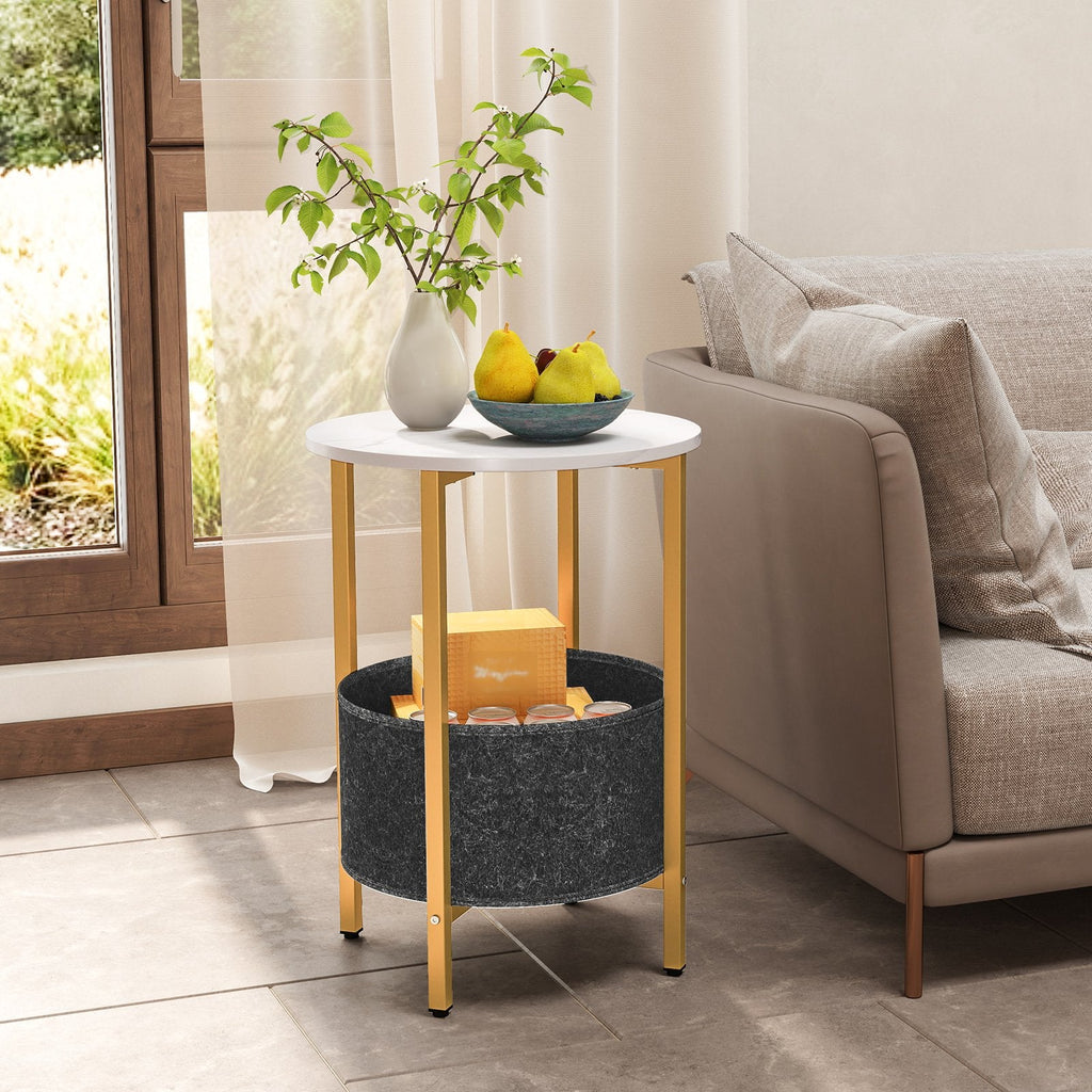 Round End Table 2-Tier Side Table with Removable Fabric Basket and Metal Frame-White