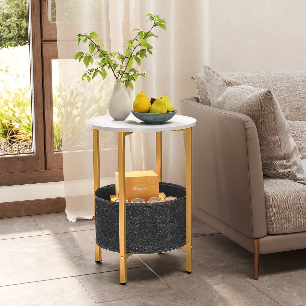 Round End Table 2-Tier Side Table with Removable Fabric Basket and Metal Frame-White