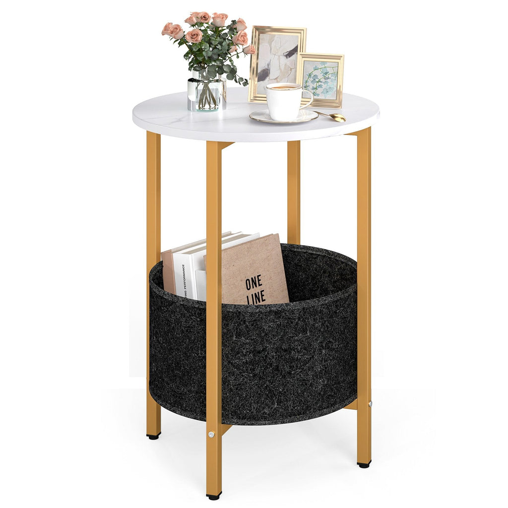 Round End Table 2-Tier Side Table with Removable Fabric Basket and Metal Frame-White
