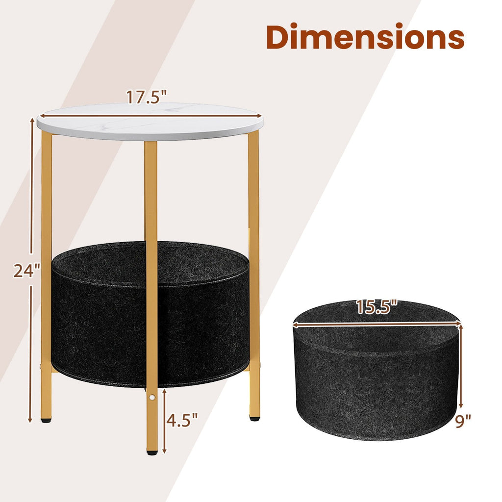 Round End Table 2-Tier Side Table with Removable Fabric Basket and Metal Frame-White